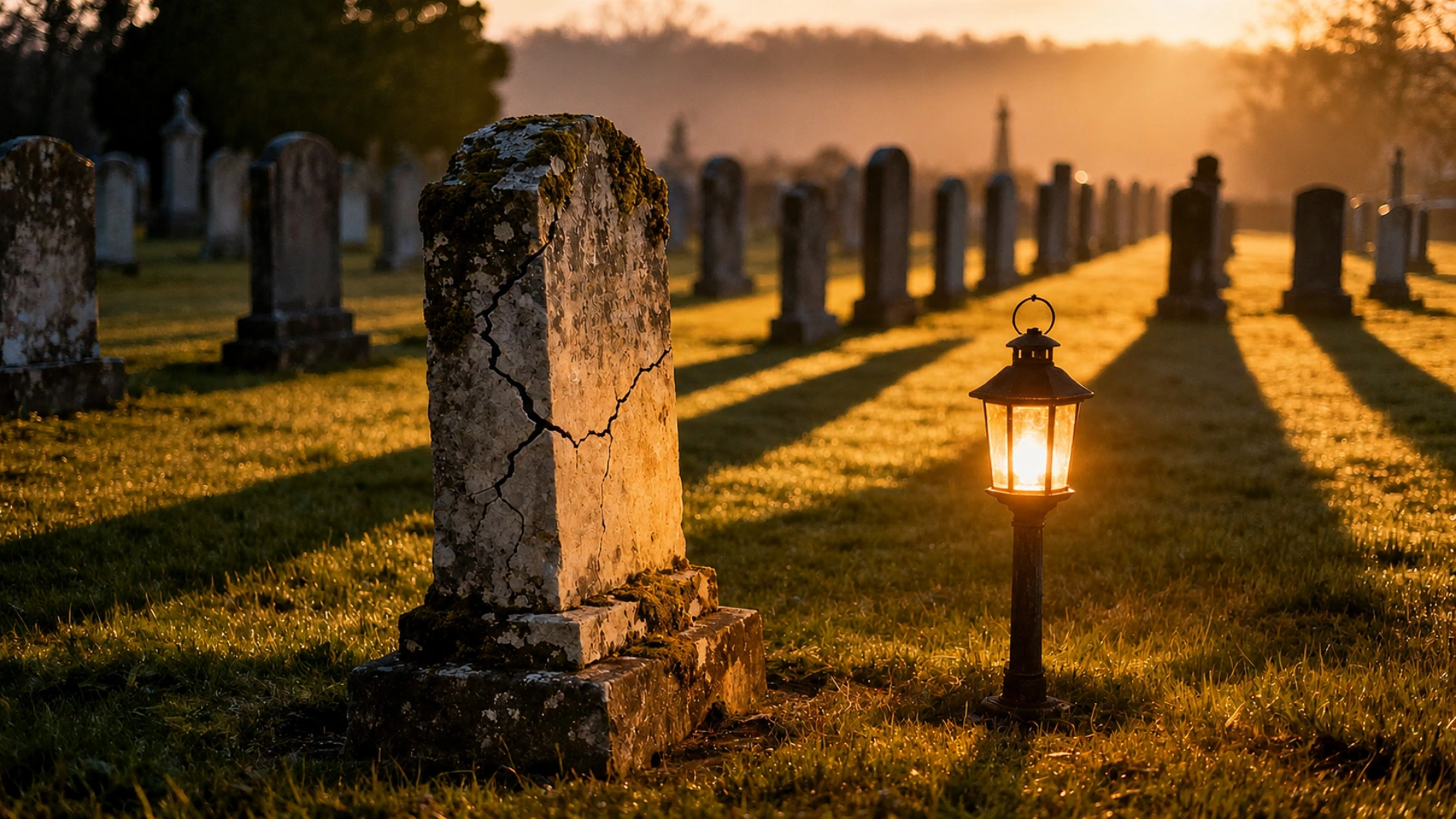 Felinar de cimitir lângă o piatră funerară